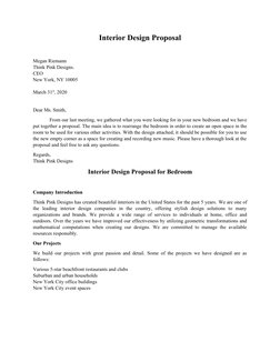 Interior Design Proposal 
Megan Riemann
Think Pink Designs. 
CEO
New York, NY 10005
March 31st, 2020
Dear Ms. Smith,
From our
