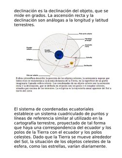 declinación es la declinación del objeto, que se 
mide en grados. La ascensión recta y la 
declinación son análogas a la long
