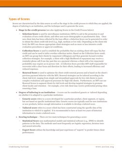 Credit Scoring Tool Guide 
- 2 - 
www.accion . org 
Types of Scores 
Scores are characterized by the data source as