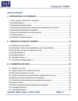 Topografía I  2014 
 
 
Facilitador: Máster  Sergio J.  Navarro Hudiel   
 Página | 2  
 
 
 
ÍNDICE DE CONTENIDO 
 
I. - IN
