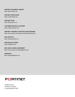 FORTINET DOCUMENT LIBRARY
https://docs.fortinet.com (https://docs.fortinet.com/)
FORTINET VIDEO GUIDE
https://video.fortinet.