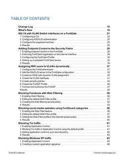TABLE OF CONTENTS
Change Log
18
What's New
19
802.1X with VLAN Switch interfaces on a FortiGate
21
1. Configuring a CA
22
2.