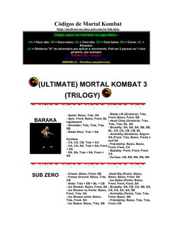 Códigos de Mortal Kombat
http://medroavon.sites.uol.com.br/mk.htm
Códigos usados nos movimento nos jogos abaixo:= 
  
SA = So