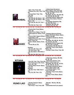 KABAL
- Spin: Trás, Frent, CB 
- Fireball (no ar tb): Trás, Trás,
SA 
- Ground Saw: Trás, Trás, 
Trás, RN 
Kombos 
- CB, CB,