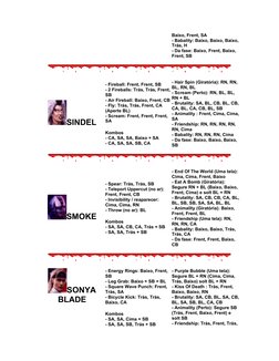 Baixo, Frent, SA 
- Babality: Baixo, Baixo, Baixo, 
Trás, H 
- Da fase: Baixo, Frent, Baixo, 
Frent, SB 
SINDEL
- Fireball: F