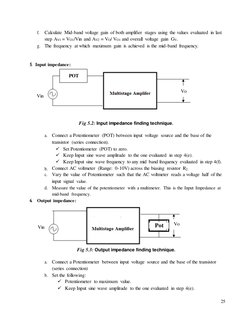 25 
 
Vo 
Vin 
POT 
Vin 
  Pot  Vo 
f. Calculate Mid-band voltage gain of both amplifier stages using the values evaluated in