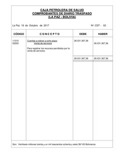 CAJA PETROLERA DE SALUD 
COMPROBANTES DE DIARIO TRASPASO  
(LA PAZ - BOLIVIA) 
 
 
La Paz  19  de  Octubre   de  2017