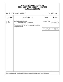 CAJA PETROLERA DE SALUD 
COMPROBANTES DE DIARIO INGRESO  
(LA PAZ - BOLIVIA) 
 
 
La Paz  19  de  Octubre   de  2017