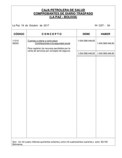 CAJA PETROLERA DE SALUD 
COMPROBANTES DE DIARIO TRASPASO  
(LA PAZ - BOLIVIA) 
 
 
La Paz  19  de  Octubre   de  2017