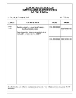 CAJA  PETROLERA DE SALUD 
COMPROBANTES DE DIARIO EGRESO   
(LA PAZ - BOLIVIA) 
 
 
La Paz  19  de Octubre de 2017