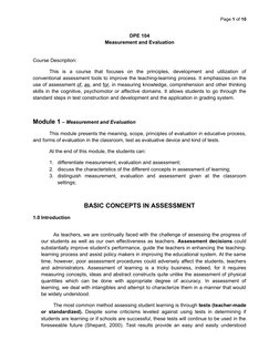 Page 1 of 10
DPE 104
Measurement and Evaluation
Course Description:
This  is  a  course  that  focuses  on  the  principles,