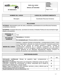 NIT 900243359-6
PERFIL DEL CARGO
Y
MANUAL DE FUNCIONES
CÓDIGO: 
REVISIÓN: 1
REVISÓ:
APROBÓ: 
Página 1 de 5
NOMBRE DEL CARGO
C