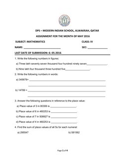 Class 4 Maths Assignment - May 2016 | PDF | Numbers | Encodings