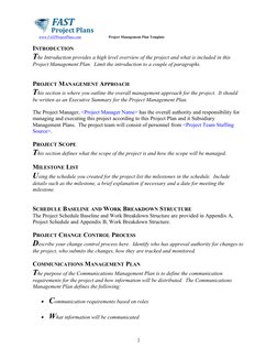 www.
 
 FAST
 
 ProjectPlans.com
 
  (http://www.FASTProjectPlans.com/)
Project Management Plan Template
INTRODUCTION