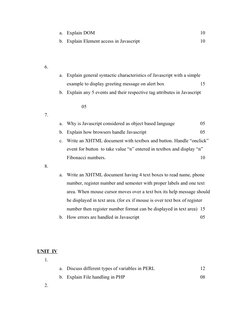 a.
Explain DOM
10
b. Explain Element access in Javascript
10
6.
a.
Explain general syntactic characteristics of Javascript wi