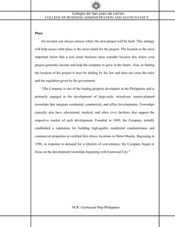 Colegio de San Juan de Letran
COLLEGE OF BUSINESS ADMINISTRATION AND ACCOUNTANCY
Place
An investor can always choose where th