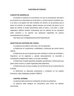 AUDITORIA DE PASIVOS
CONCEPTOS GENERALES
Al practicar la auditoria no encontramos con que la comprobación del pasivo
se encue