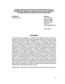 ELABORACIÓN DE UN PROTOTIPO DE PURIFICADOR DE AGUA
CASERO PARA BENEFICIO FAMILIAR EN EL SECTOR LOMAS DE
ALTAMIRA MUNICIPIO AN