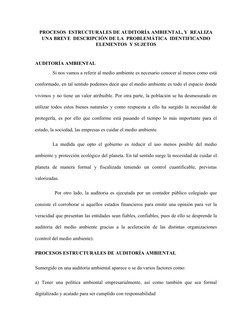 PROCESOS  ESTRUCTURALES DE AUDITORÍA AMBIENTAL, Y  REALIZA
UNA BREVE  DESCRIPCIÓN DE LA  PROBLEMÁTICA  IDENTIFICANDO
ELEMENTO