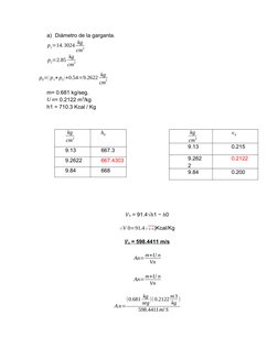 a) Diámetro de la garganta.   
p1=14.3024 kg
cm
2
      p2=2.85 kg
cm
2
p0=( p1+ p2)∗0.54=9.2622 kg
cm
2
m= 0.681 kg/seg.
U n