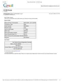 4/22/2020
Mason Rothschild Mail - CA DMV Receipt
https://mail.google.com/mail/u/0?ik=d401e7b6d6&view=pt&search=all&permthid=t