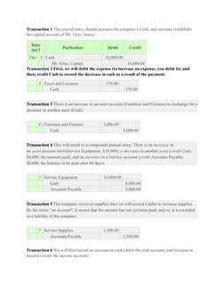 Transaction 1 The journal entry should increase the company's Cash, and increase (establish) 
the capital account of Mr. Gray