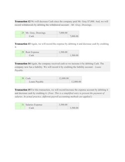 Transaction 12 We will decrease Cash since the company paid Mr. Gray $7,000. And, we will 
record withdrawals by debiting the
