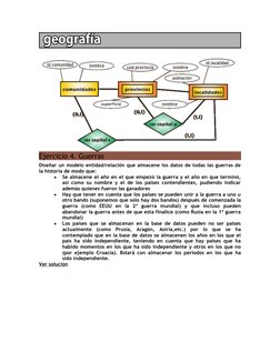 Ejercicio 4. Guerras
Diseñar un modelo entidad/relación que almacene los datos de todas las guerras de
la historia de modo qu