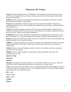 5 
 
Characters: The Tempest 
 
Alonso: The king of Naples and father of Ferdinand, Alonso plotted in the past with Antonio t