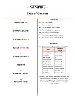 1 
TABLE OF CONTENTS 
 
2 
CHARACTER CREATION 
 
4 
HUNGER & THE BLOOD 
 
5 
CLANS & BLOODLINES 
 
6 
ATTRIBUTES & SKILLS