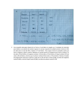 3.
Una compañía siderurgica dispone de un horno, el cual debe ser cargado con 2 toneladas de materiales
para elaborar una ale