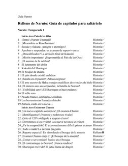 Guía Naruto
Relleno de Naruto: Guía de capítulos para saltártelo
Naruto: Temporada 1
Inicio Arco País de las Olas
1 ¡Entra! ¡