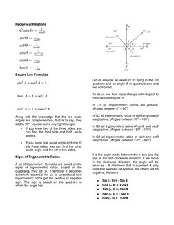 Reciprocal Relations 
 
 
 
 
 
 
 
 
 
 
 
 
 
Square Law Formulas 
 
 
Along with the knowledge that the two acute 
a