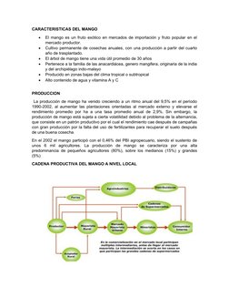 CARACTERISTICAS DEL MANGO

El mango es un fruto exótico en mercados de importación y fruto popular en el
mercado productor.