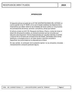 RECEPCION DE OBRA Y PLAZOS 
     2019 
I N G .  D E  C A R R E T E R A S  I I  –  U N I V E R S I D A D  S A N T O  T O M