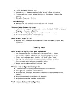 •
Update Anti-Virus signature files
•
Monitor security news sources for wireless security related information
•
Compare wirel