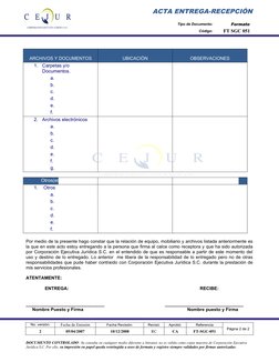 ACTA ENTREGA-RECEPCIÓN
Tipo de Documento:
Formato
Código:
FT SGC 051
ARCHIVOS Y DOCUMENTOS
UBICACIÓN
OBSERVACIONES
1.
Carp