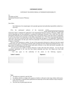 COPYRIGHT NOTICE
COPYRIGHT TRANSFER FORM & AUTHORSHIP RESPONSIBILITY
To
The Editor-in-Chief,
International Research Journal o