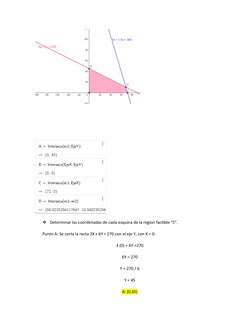Determinar las coordenadas de cada esquina de la region factible “S”.
Punto A: Se corta la recta 3X + 6Y = 270 con el eje Y,