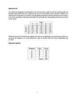 1 
Ejercicio 4.9   
 
Un bufete de abogados ha aceptado cinco nuevos casos, cada uno de los cuales puede ser 
llevado adecua