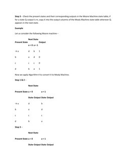 Step 3 − Check the present states and their corresponding outputs in the Moore Machine state table; if 
for a state Qi output