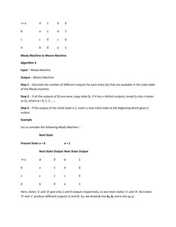 => a 
d 
1 
b 
0 
b 
a 
1 
d 
1 
c 
c 
0 
c 
0 
d 
b 
0 
a 
1 
Mealy Machine to Moore Machine 
Algorithm 5 
Input − Mealy Mac