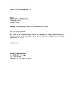 Ortega, 13 de Septiembre del  2017
Doctor 
BENJAMIN APONTE BONILLA                                 
Alcalde Municipal
Ortega-