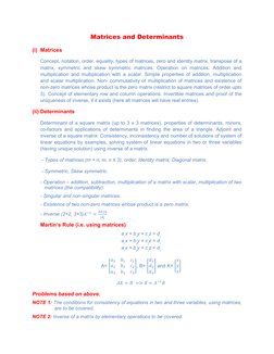 Matrices and Determinants 
(i)  Matrices 
Concept, notation, order, equality, types of matrices, zero and identity matrix, tr