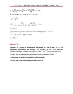 EJERCICIOS RESUELTOS—CIRCUITOS ELCTRONICOS III
gm1= 0.25
0.026=9.615 mA
V ,r π3=
(180 )(0.026)
0.4
=11.7 k Ω
Ri3=r π3+(1+βn)