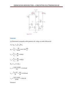 EJERCICIOS RESUELTOS—CIRCUITOS ELCTRONICOS III
Solución:
(a) Determine la pequeña señal ganancia de voltaje en modo diferenci