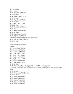 R 5: BLO 66 sc
R 6-9 : 66 sc
R 10: (9 sc, 1 dec) * 6 (60)
R 11-13: 60 sc
R 14: (10 sc, 1 dec) * 5 (55)
R 15-17: 55 sc
R 18. (