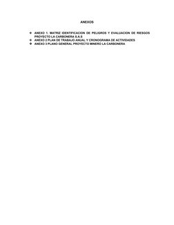 ANEXOS
 

ANEXO 1. MATRIZ IDENTIFICACION DE PELIGROS Y EVALUACION DE RIESGOS
PROYECTO LA CARBONERA S.A.S

ANEXO 2 PLAN DE T
