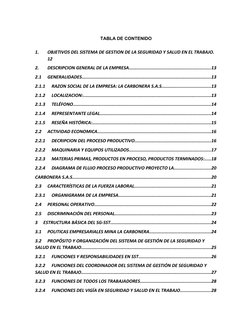 TABLA DE CONTENIDO
1.
OBJETIVOS DEL SISTEMA DE GESTION DE LA SEGURIDAD Y SALUD EN EL TRABAJO.
12
2.
DESCRIPCION GENERAL DE LA