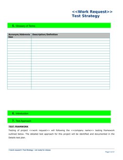<<Work Request>>
Test Strategy
5. Glossary of Terms
Acronym/Abbrevia
tion
Description/Definition
6. Introduction
7. Test Appr